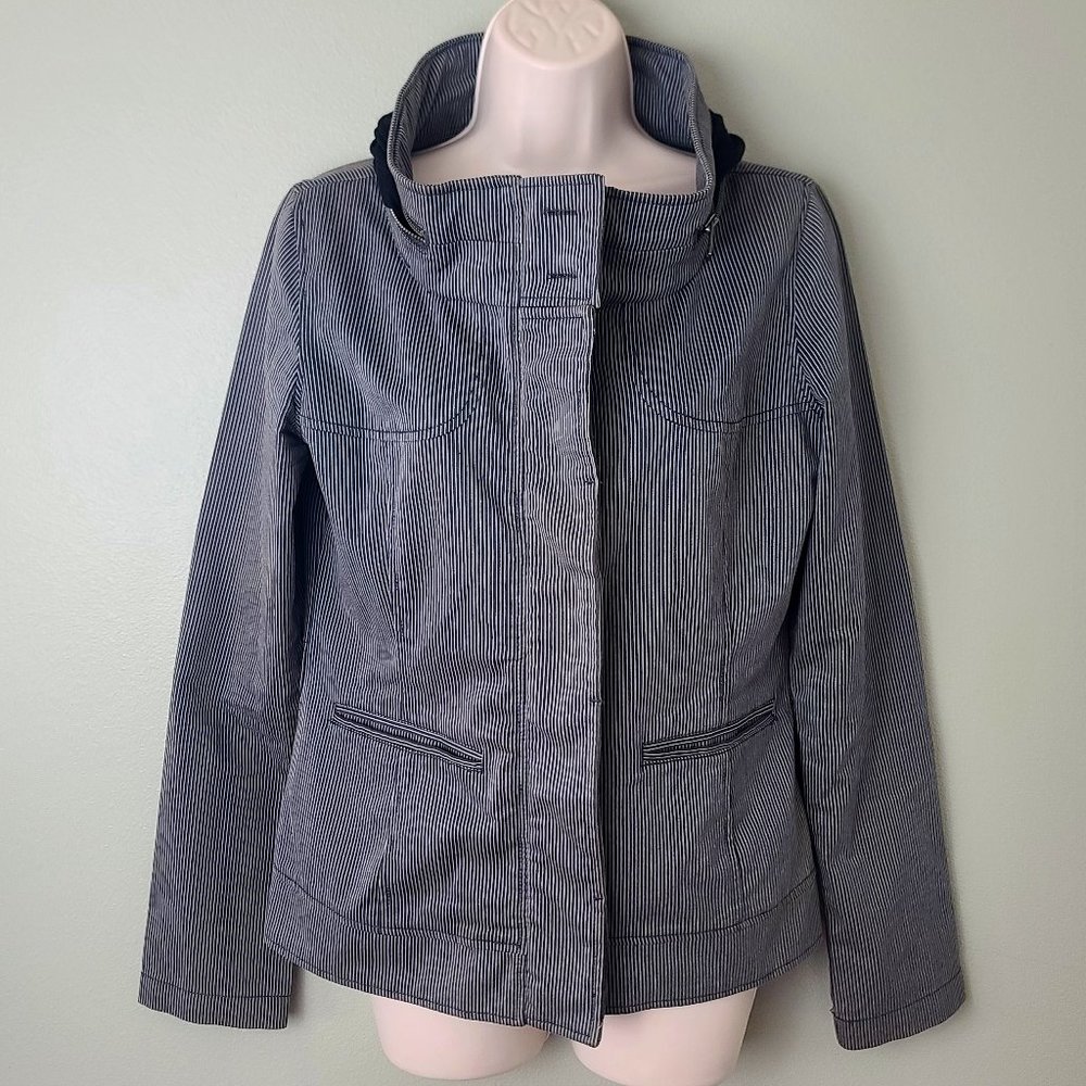 Vintage Candies Brand Grey & White Pinstriped Jacket with Hidden Hood
